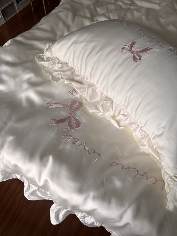 Sweet Bow Lace Cotton Bedding Set Princess Fitted Sheet