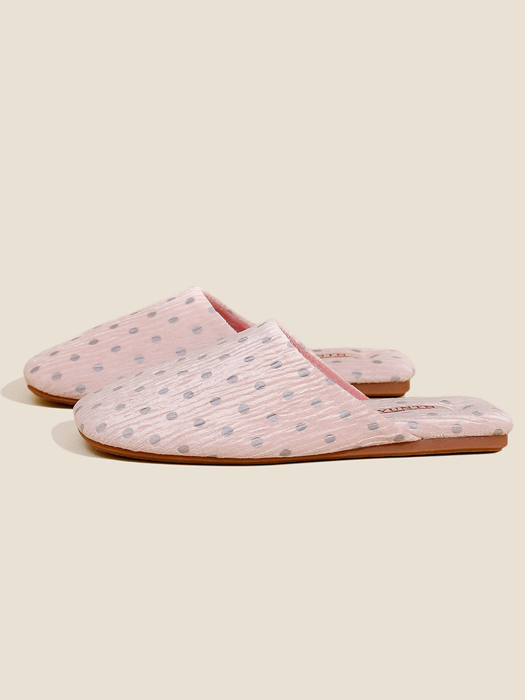 Vintage Polka Dot Crinkle Fabric House Slippers Warm Indoor