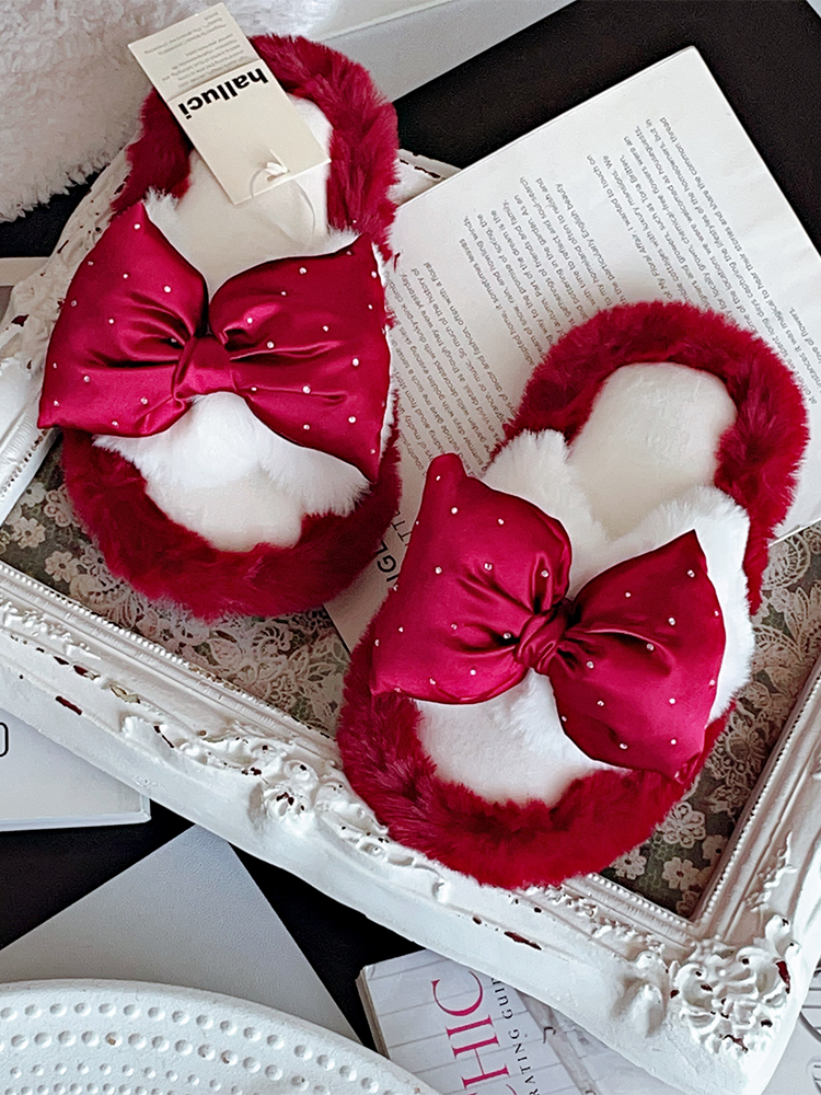 French Elegant Bow Fuzzy House Slippers Winter Soft Sole Non Slip Warm