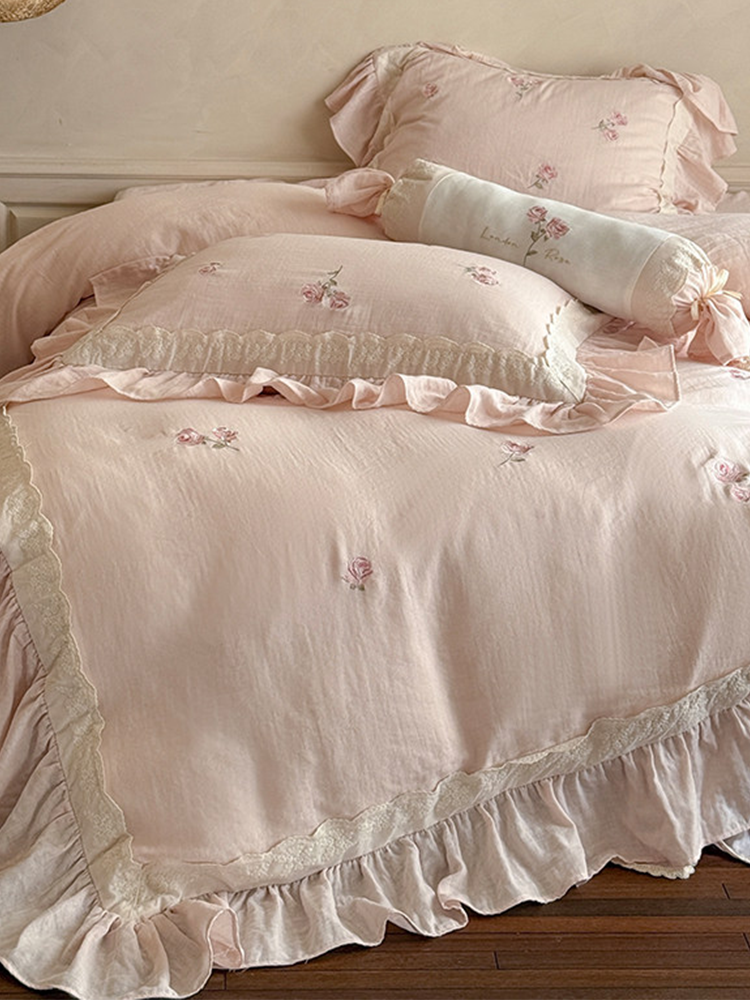 French Princess Bedding Set Double Layer Cotton Gauze Flat Sheet Bed Skirt