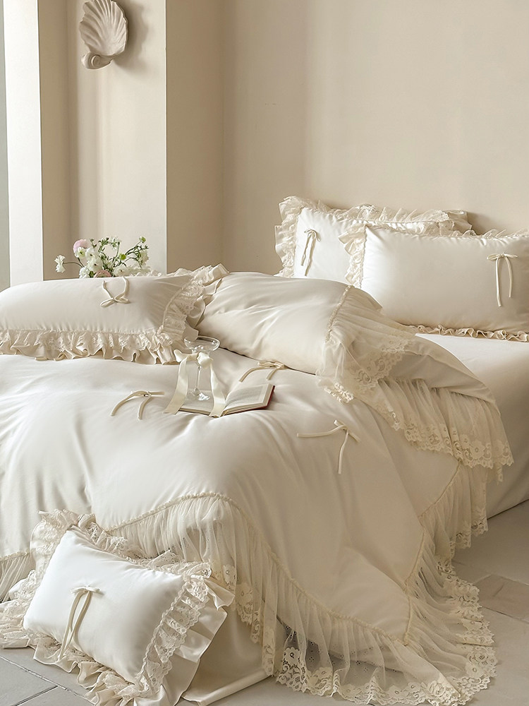 Tencel Cotton Blend Bedding Set Handcrafted Bow Lace Flat Sheet