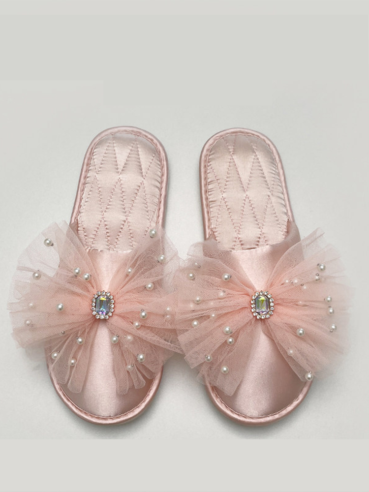 Luxury Rhinestone Bow Satin Closed-Toe House Slippers