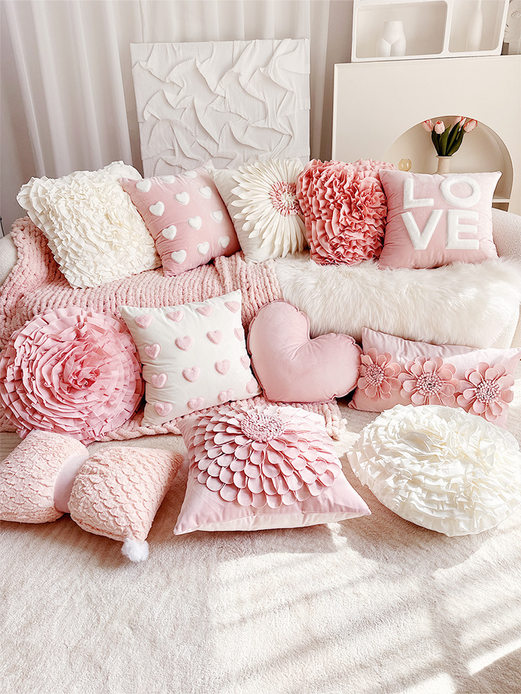 French Pink Velvet Decorative Pillow Cute Accent Cushion