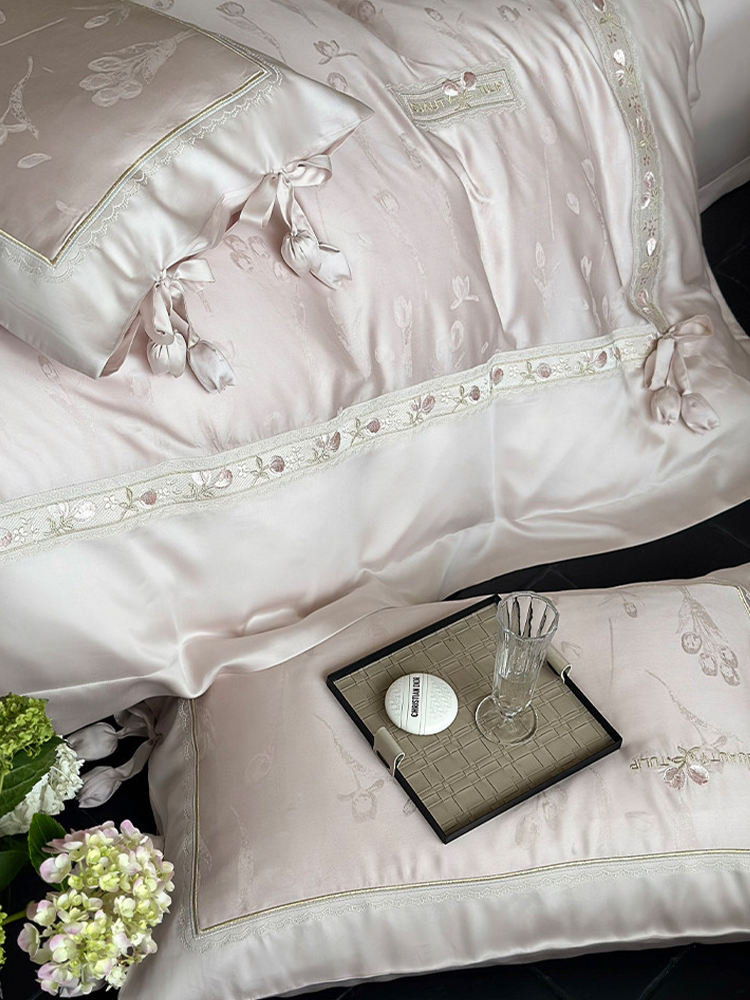 Luxury Princess Tencel Cotton Blend Bedding Set Jacquard Embroidered Flat Sheet