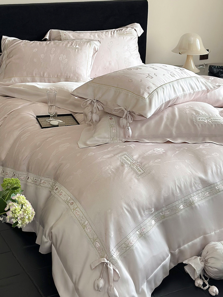 Luxury Princess Tencel Cotton Blend Bedding Set Jacquard Embroidered Flat Sheet