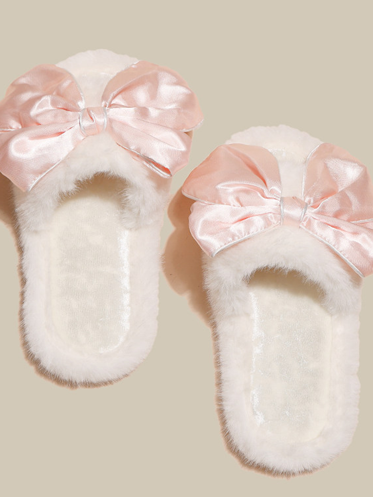 Cute Bow Fuzzy House Slippers Winter Soft Sole Non Slip Warm