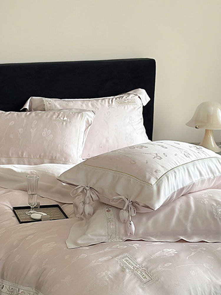 Luxury Princess Tencel Cotton Blend Bedding Set Jacquard Embroidered Flat Sheet