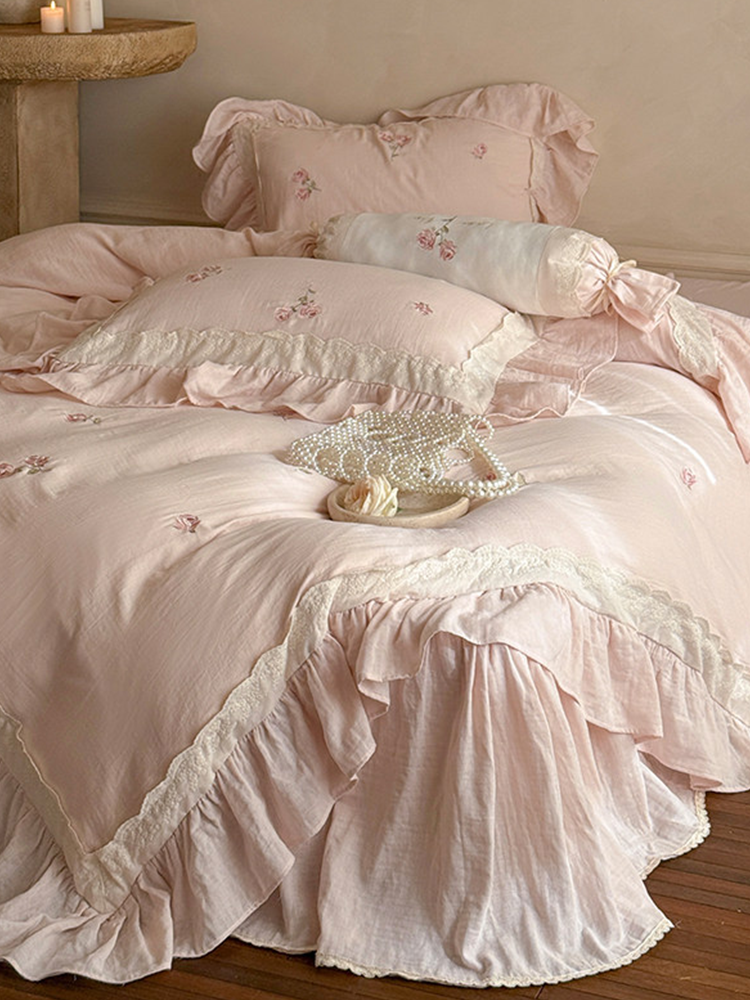 French Princess Bedding Set Double Layer Cotton Gauze Flat Sheet Bed Skirt
