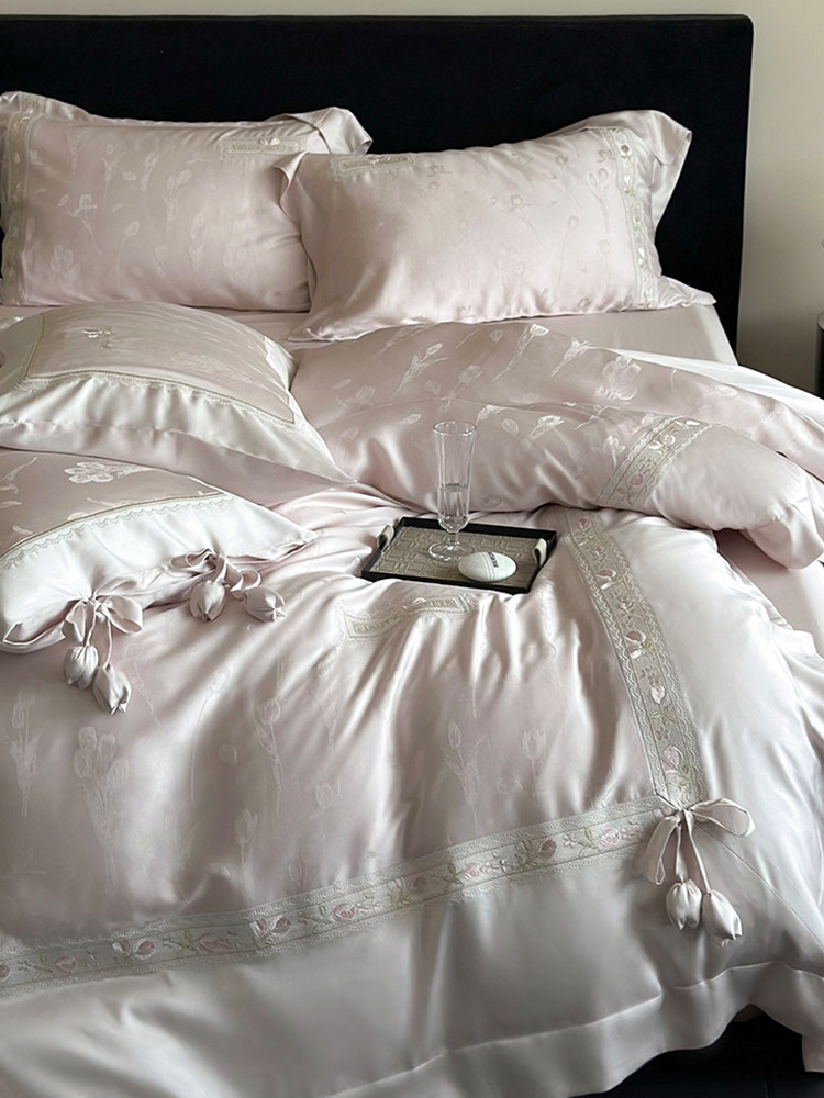 Luxury Princess Tencel Cotton Blend Bedding Set Jacquard Embroidered Flat Sheet