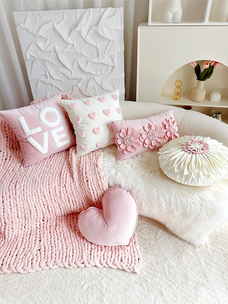 French Pink Velvet Decorative Pillow Cute Accent Cushion