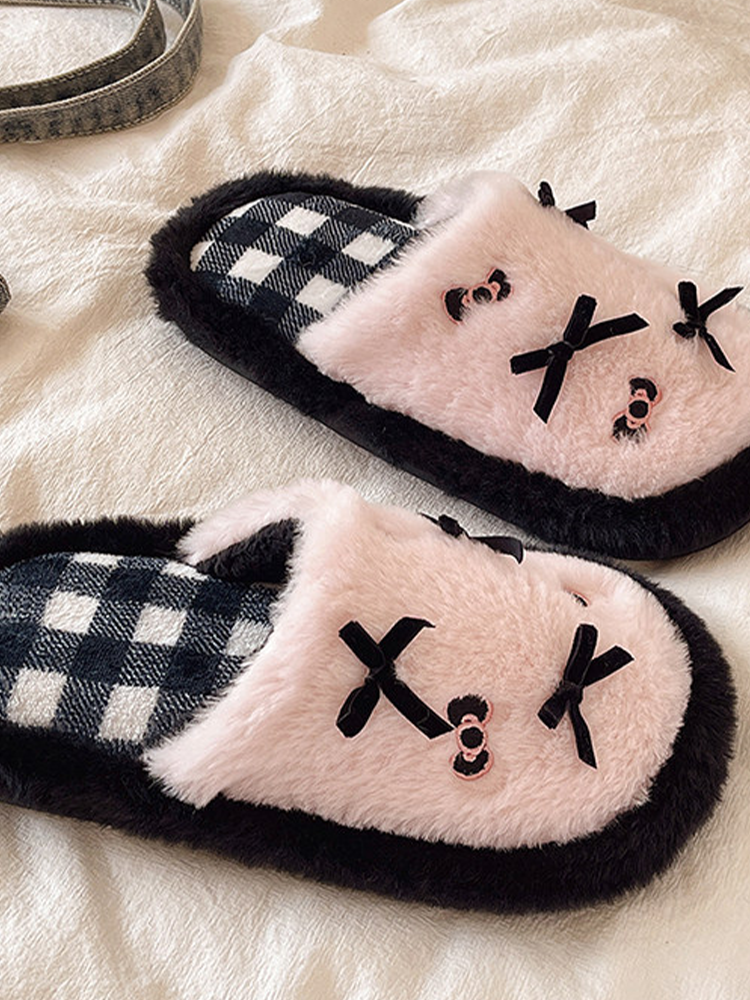 Cute Bow Plaid Closed-Toe Fuzzy House Slippers Winter Non Slip Warm