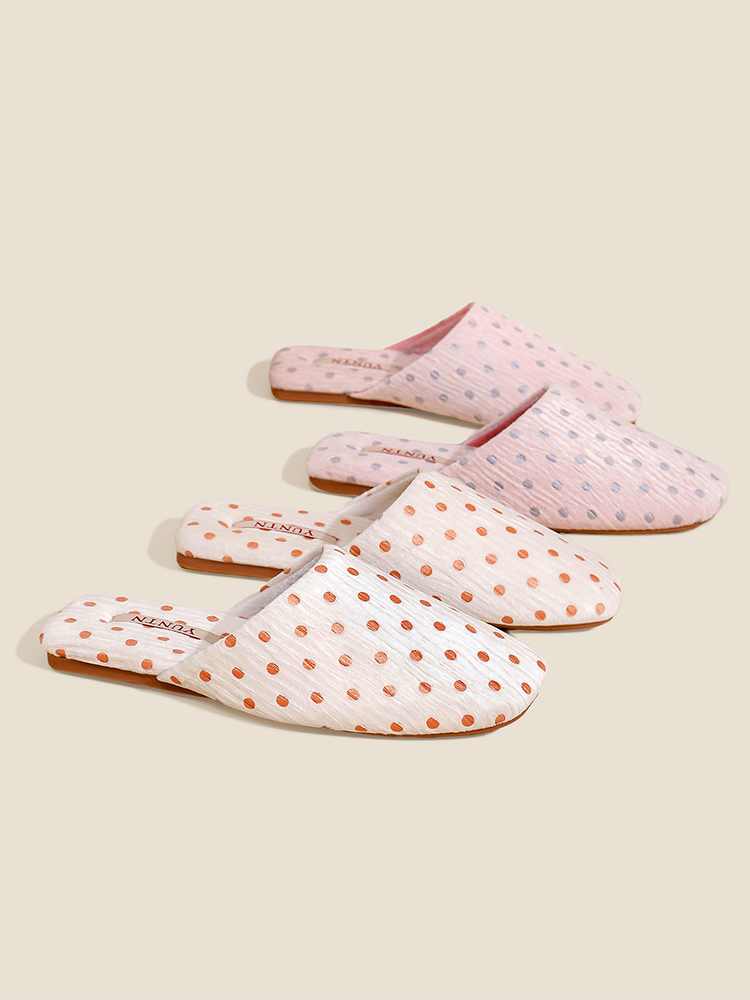 Vintage Polka Dot Crinkle Fabric House Slippers Warm Indoor