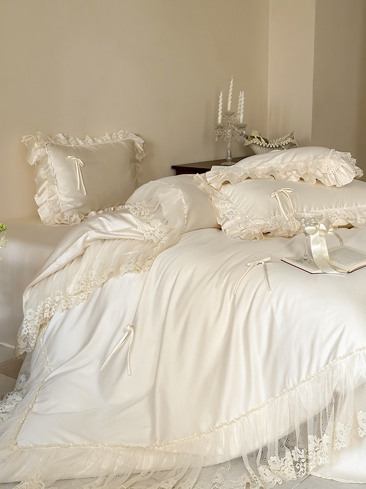 Tencel Cotton Blend Bedding Set Handcrafted Bow Lace Flat Sheet