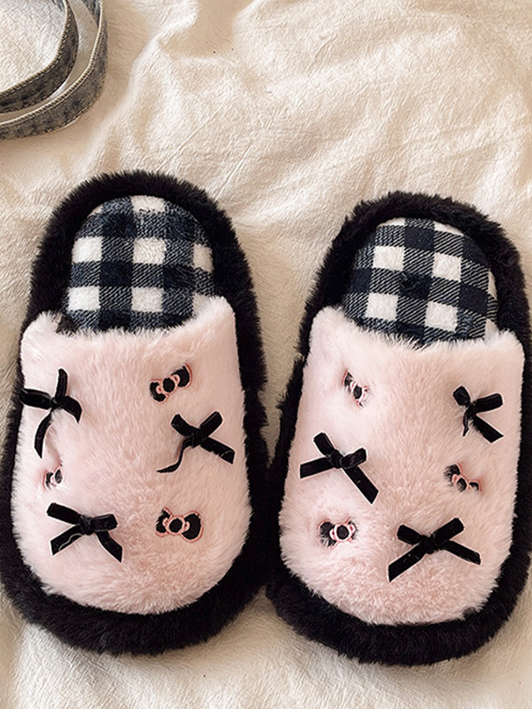 Cute Bow Plaid Closed-Toe Fuzzy House Slippers Winter Non Slip Warm