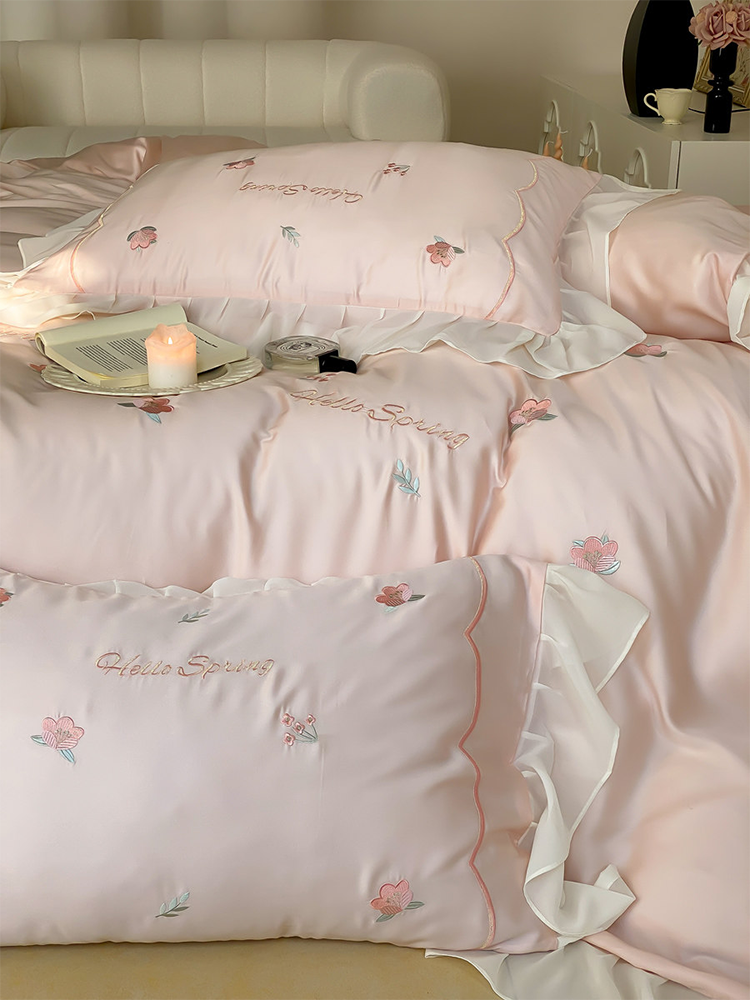 Luxury Tencel Bedding Set Cooling Silky Lace Flat Sheet