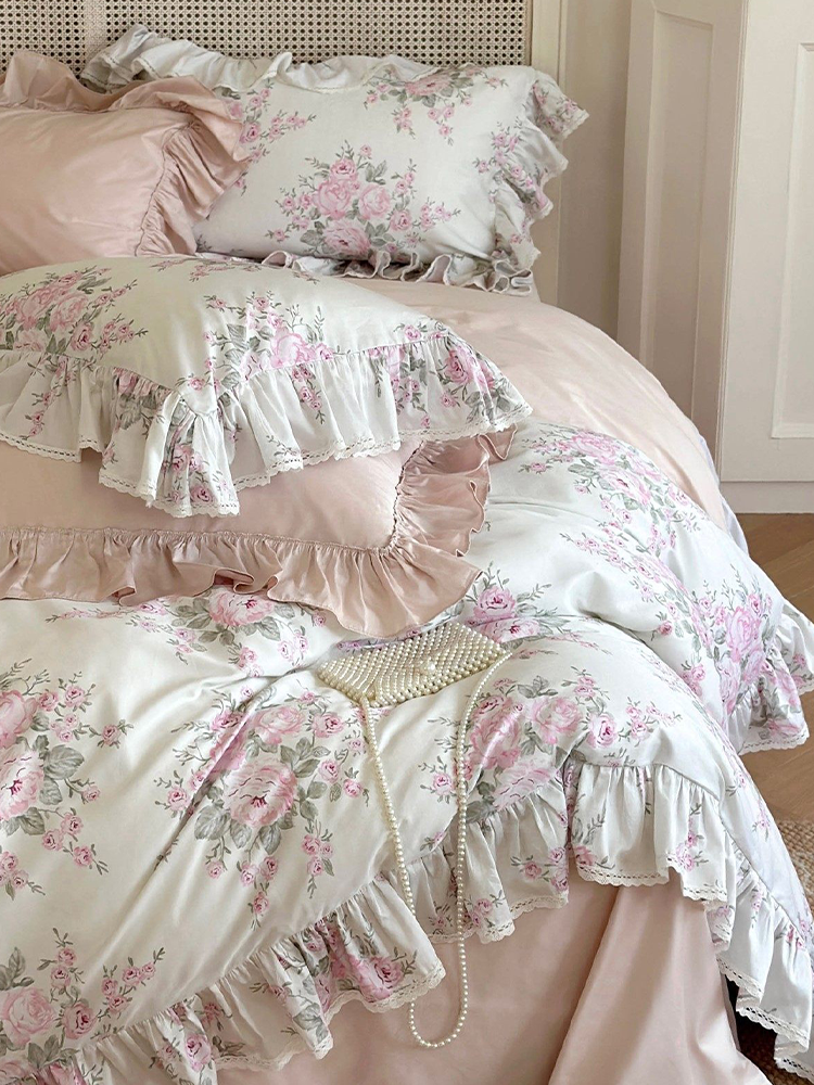French Floral Cotton Bedding Set Romantic Lace Flat Sheet
