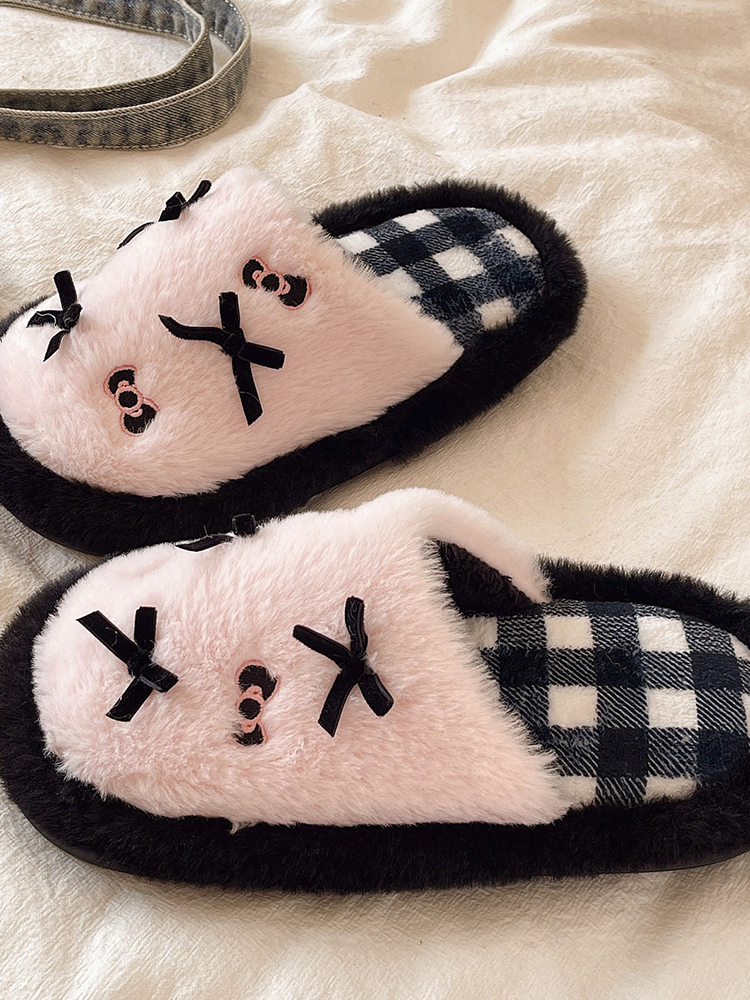 Cute Bow Plaid Closed-Toe Fuzzy House Slippers Winter Non Slip Warm