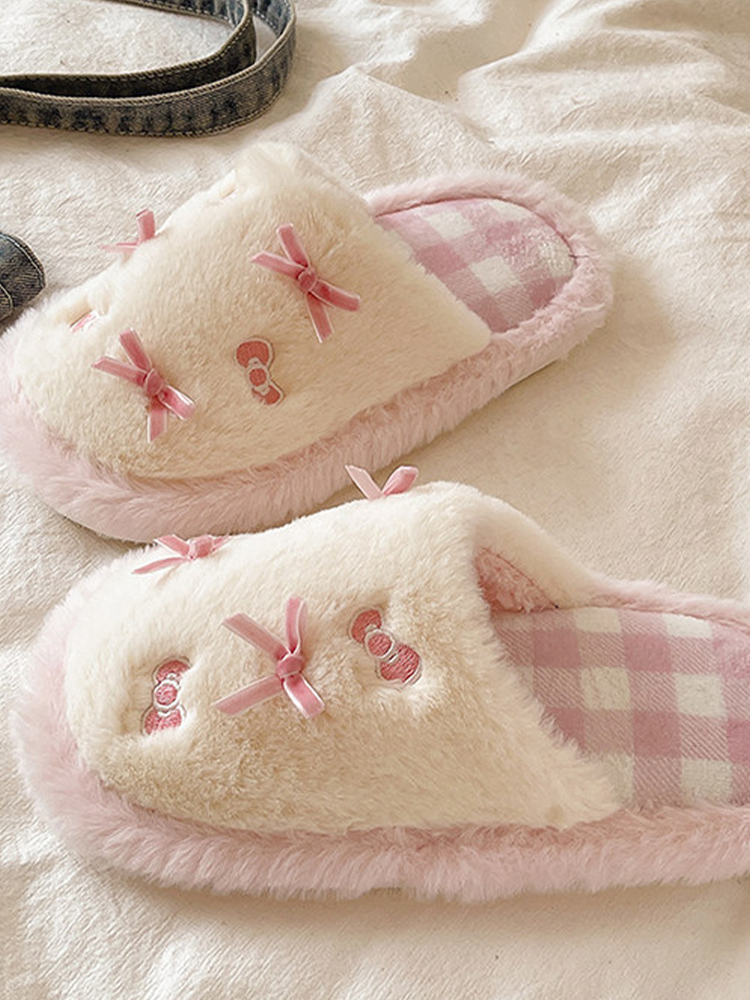 Cute Bow Plaid Closed-Toe Fuzzy House Slippers Winter Non Slip Warm