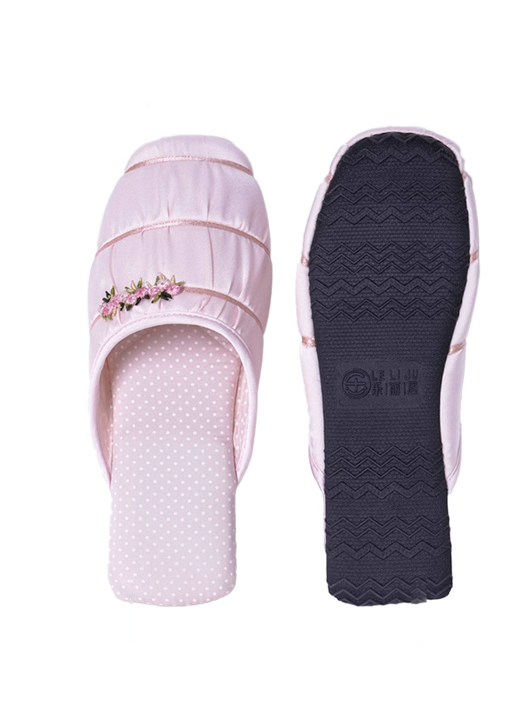 French Embroidered Bow Closed-Toe House Slippers Breathable Non Slip Quiet