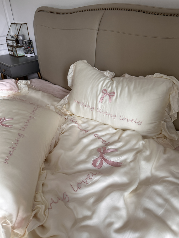 Sweet Bow Lace Cotton Bedding Set Princess Fitted Sheet