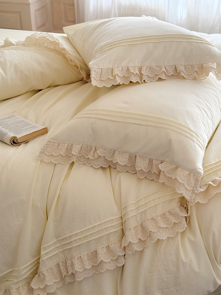 Light Luxury Washed Cotton Bedding Set Elegant Lace Flat Sheet