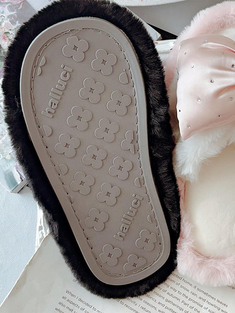 French Elegant Bow Fuzzy House Slippers Winter Soft Sole Non Slip Warm