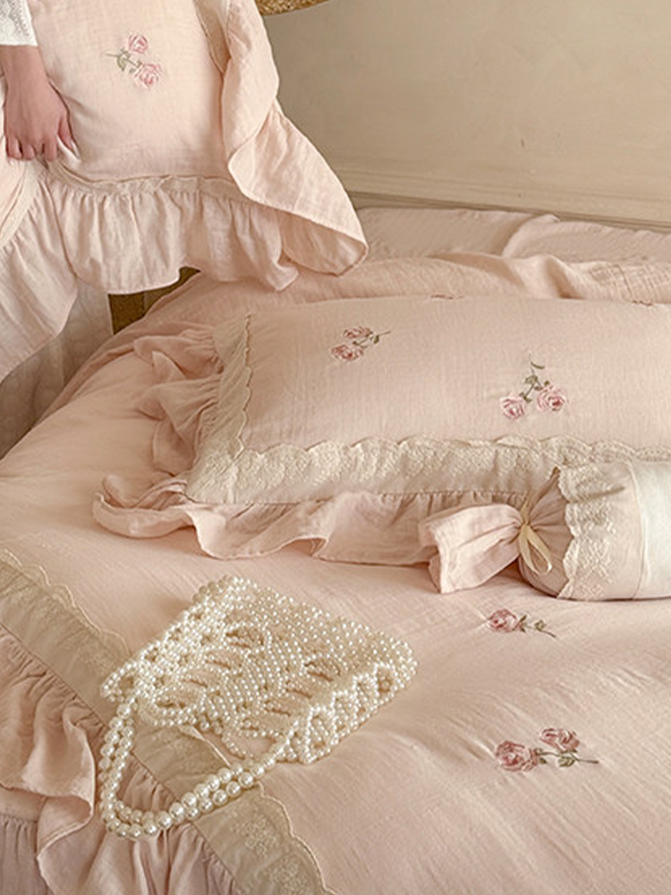 French Princess Bedding Set Double Layer Cotton Gauze Flat Sheet Bed Skirt