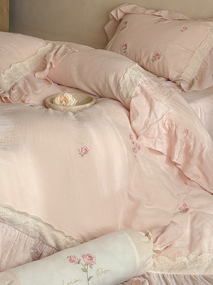 French Princess Bedding Set Double Layer Cotton Gauze Flat Sheet Bed Skirt