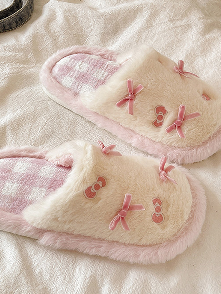 Cute Bow Plaid Closed-Toe Fuzzy House Slippers Winter Non Slip Warm