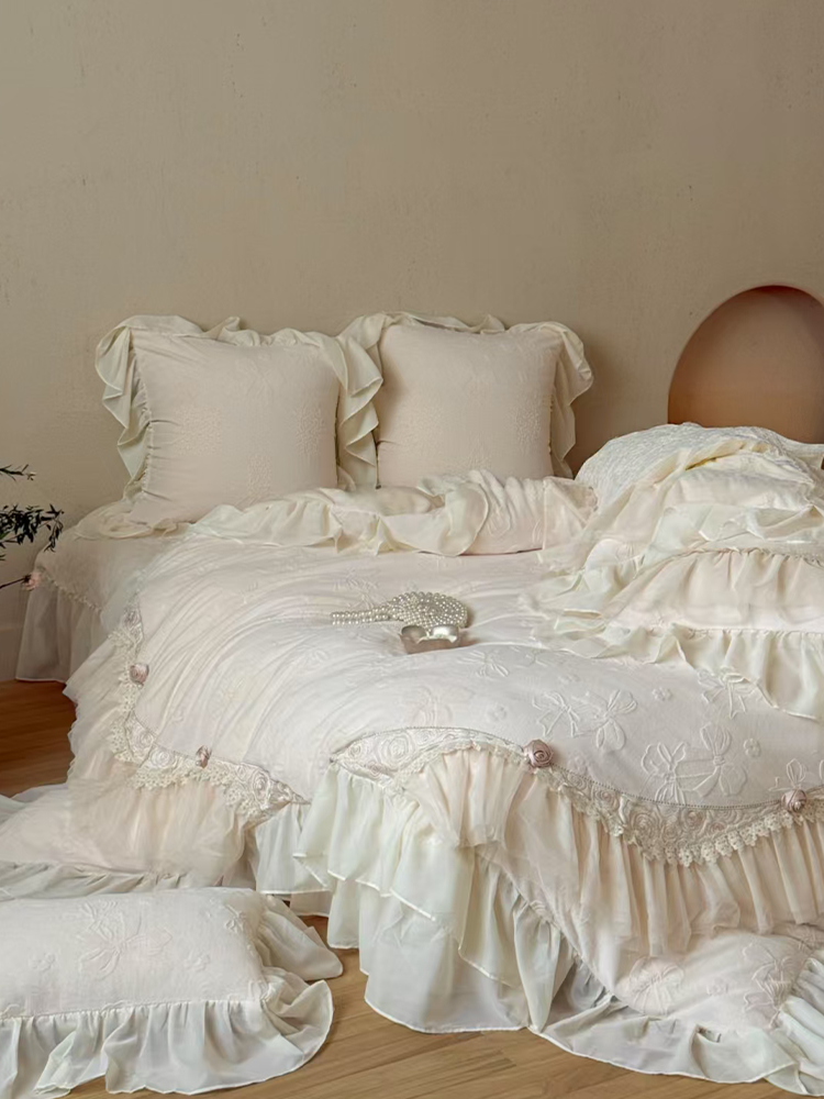 French Romantic Plush Ultra Soft Plush Fleece Bedding Set Embossed Lace Flat Sheet