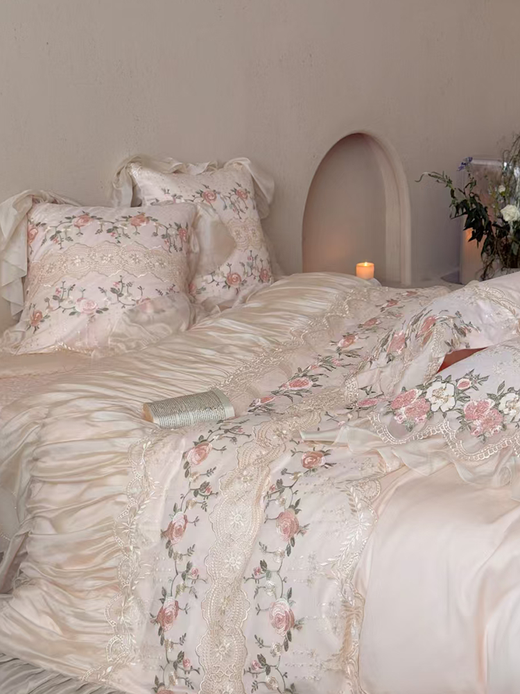 French Cotton Bedding Set Embroidered Lace Princess Rose Flat Sheet