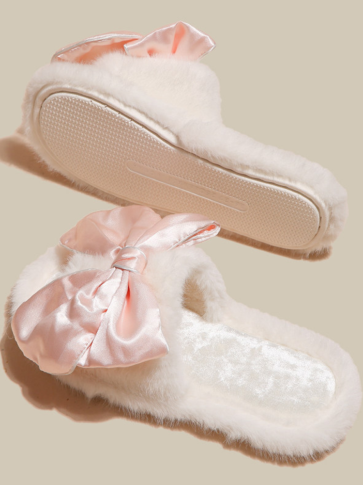 Cute Bow Fuzzy House Slippers Winter Soft Sole Non Slip Warm