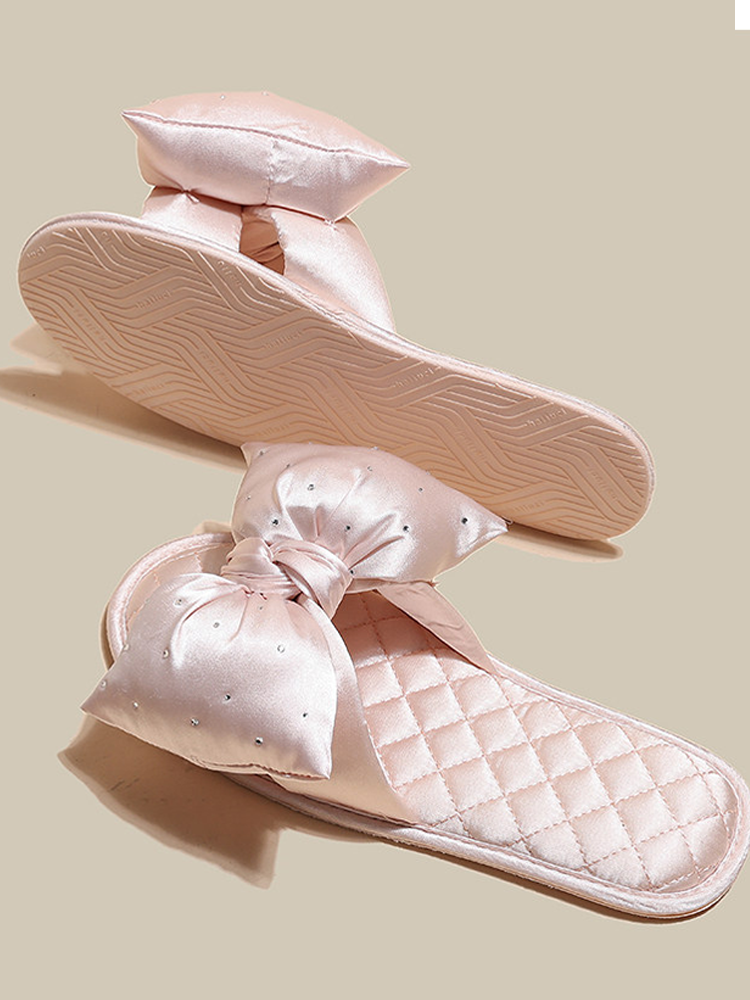 Cute Satin Bow House Slippers Soft Sole Non Slip Indoor