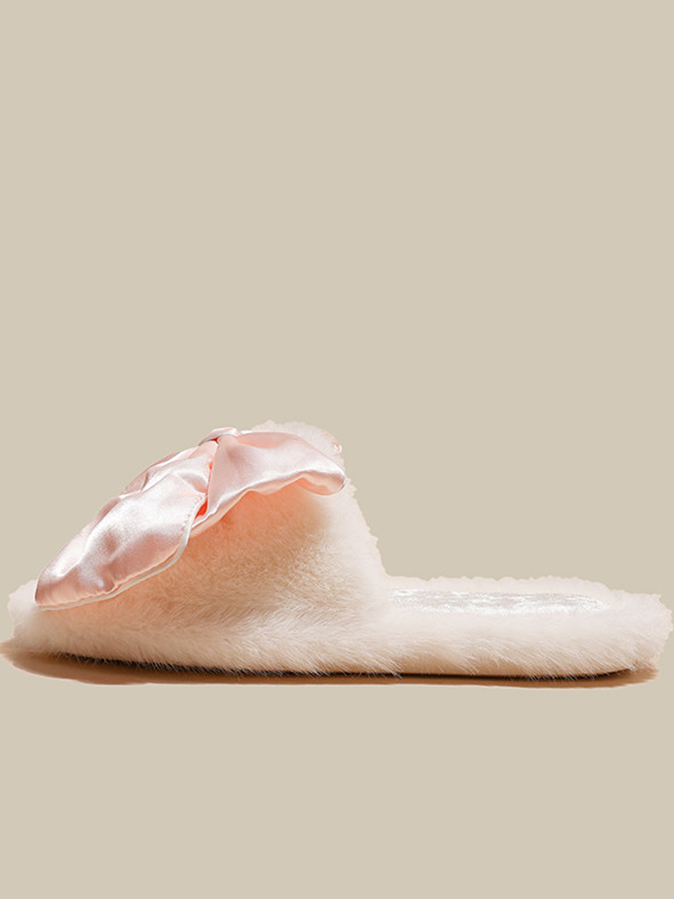 Cute Bow Fuzzy House Slippers Winter Soft Sole Non Slip Warm
