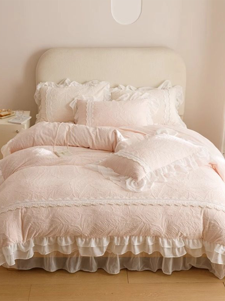 French Romantic Ultra Soft Plush Fleece Bedding Set Lace Princess Bed Skirt