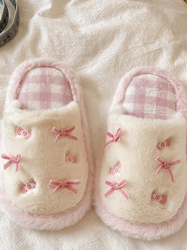 Cute Bow Plaid Closed-Toe Fuzzy House Slippers Winter Non Slip Warm
