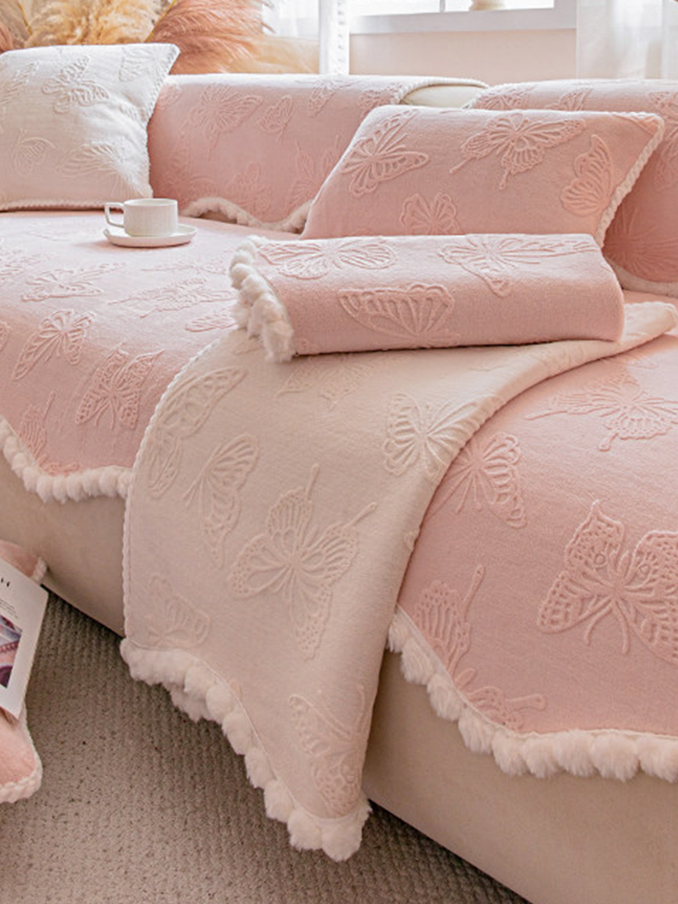 Pink Plush Non Slip Sofa Cover Winter Thickened