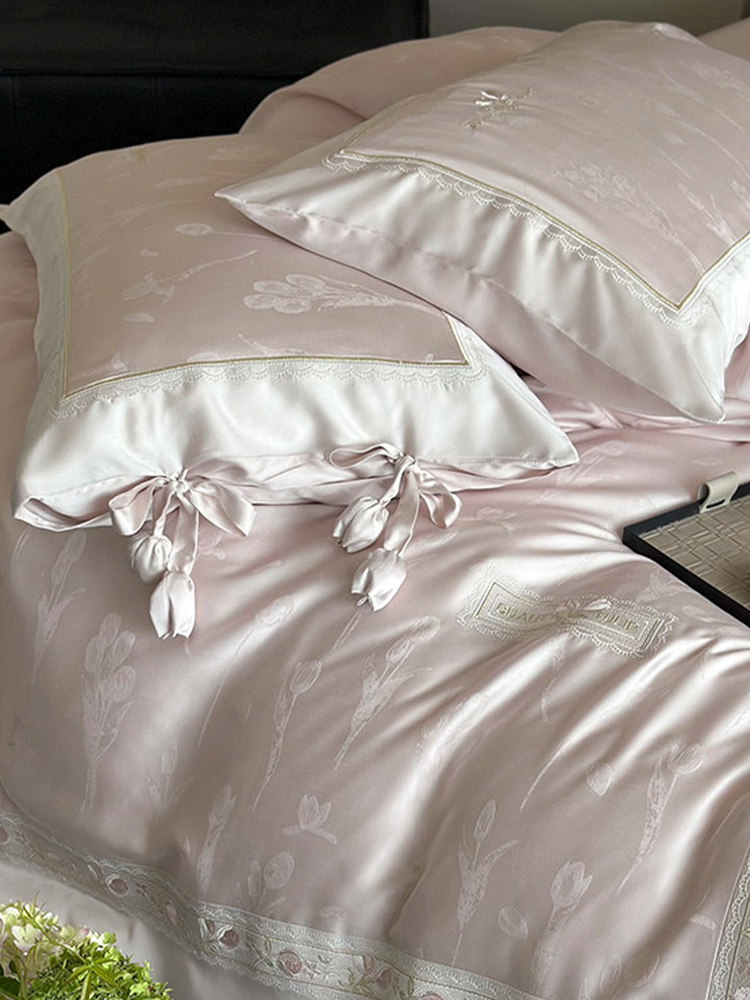 Luxury Princess Tencel Cotton Blend Bedding Set Jacquard Embroidered Flat Sheet