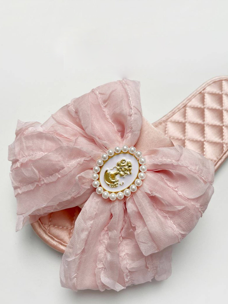 Fairy Style Champagne Pink Satin House Slippers Soft Non Slip Sole