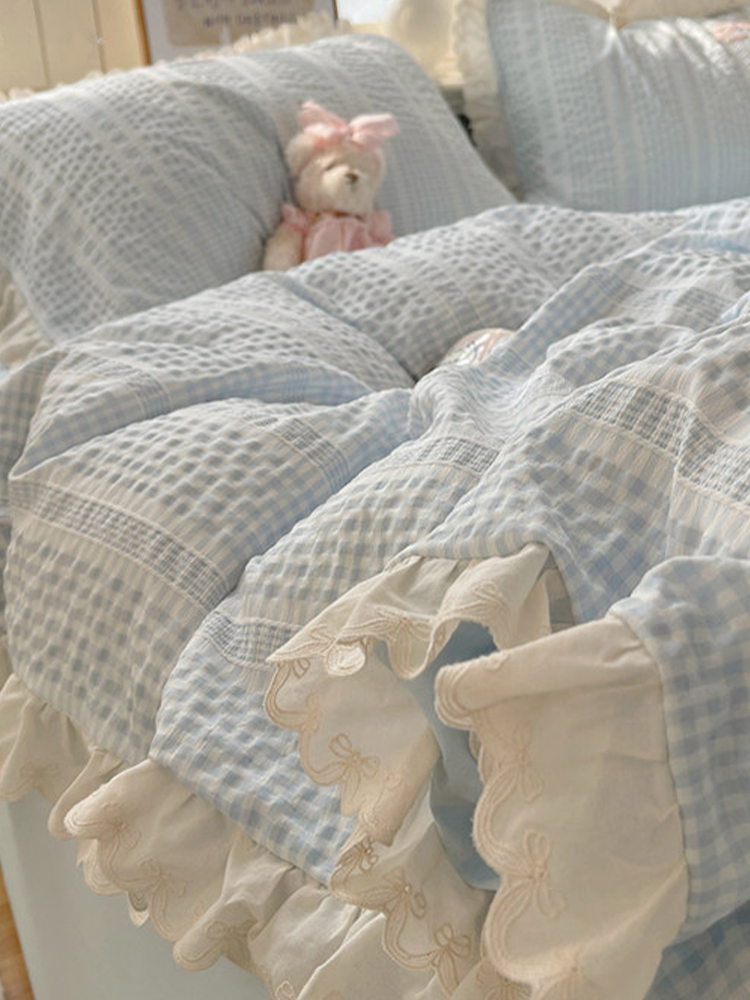 Ultra Soft Washed Cotton-Like Bedding Set Princess Lace Flat Sheet