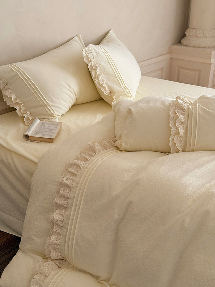 Light Luxury Washed Cotton Bedding Set Elegant Lace Flat Sheet