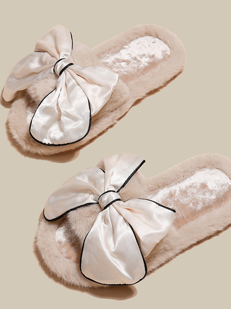 Cute Bow Fuzzy House Slippers Winter Soft Sole Non Slip Warm