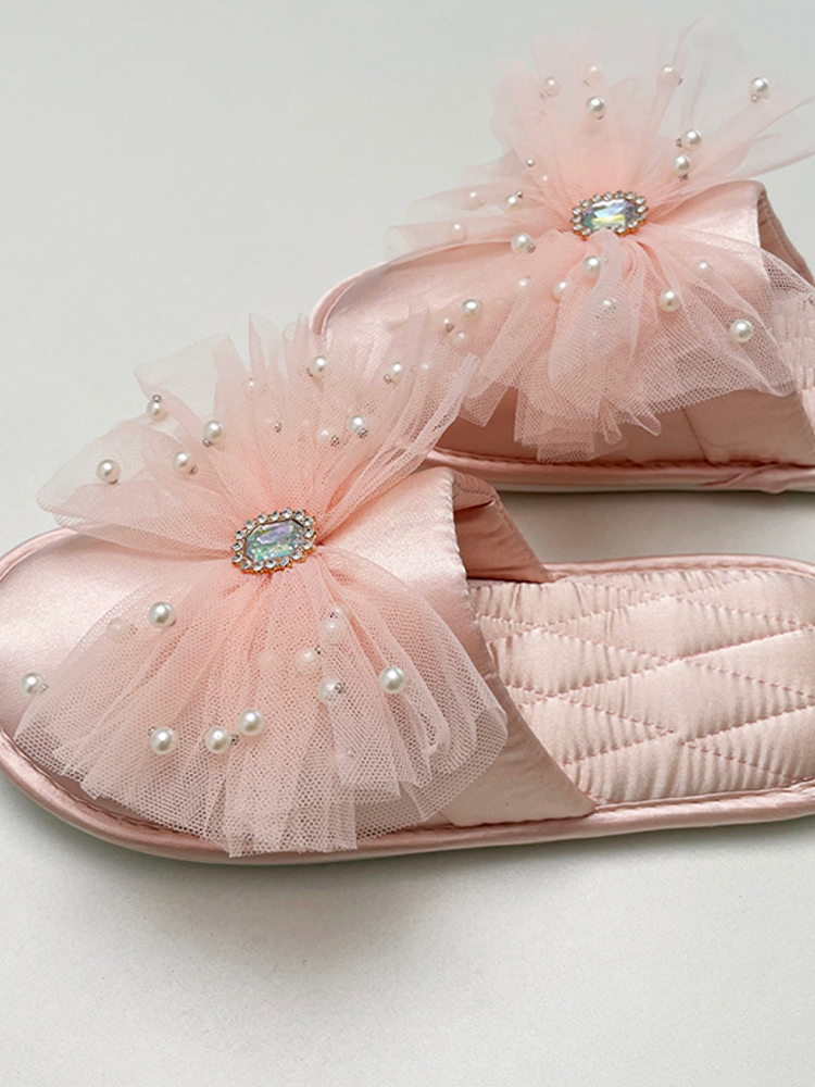 Luxury Rhinestone Bow Satin Closed-Toe House Slippers