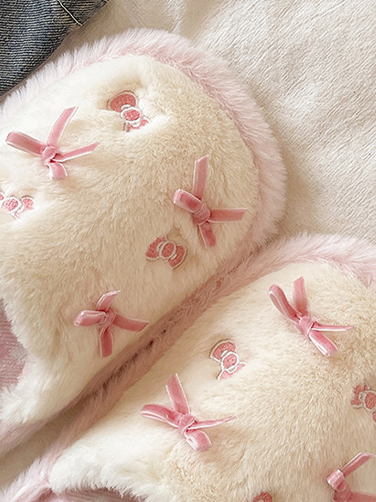 Cute Bow Plaid Closed-Toe Fuzzy House Slippers Winter Non Slip Warm