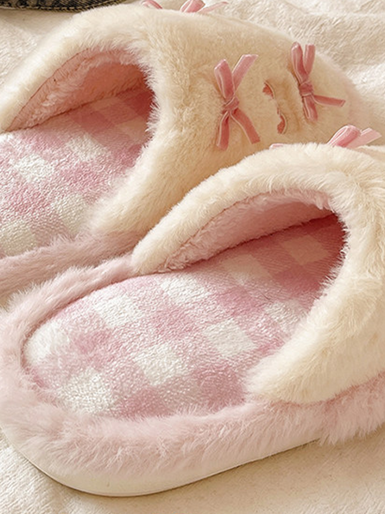 Cute Bow Plaid Closed-Toe Fuzzy House Slippers Winter Non Slip Warm