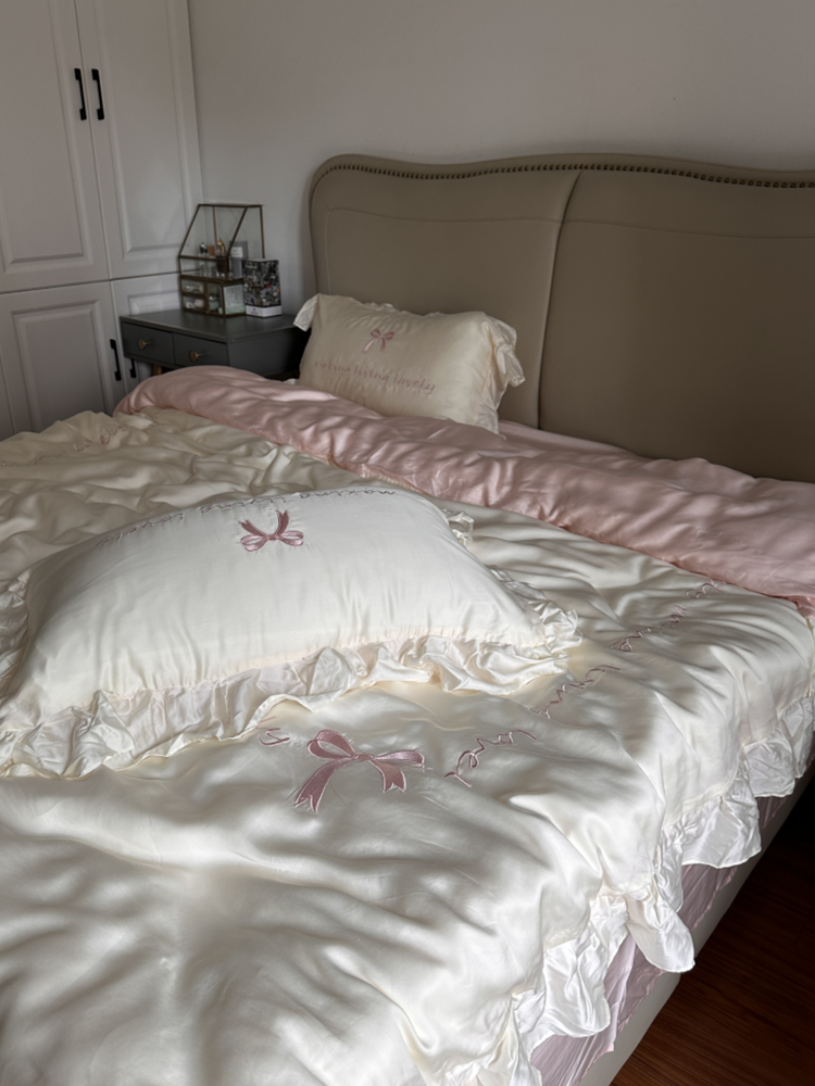 Sweet Bow Lace Cotton Bedding Set Princess Fitted Sheet