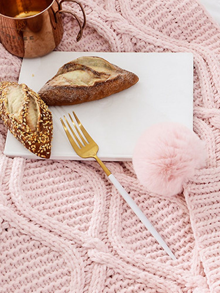 Minimalist Knitted Pom Pom Throw Blanket
