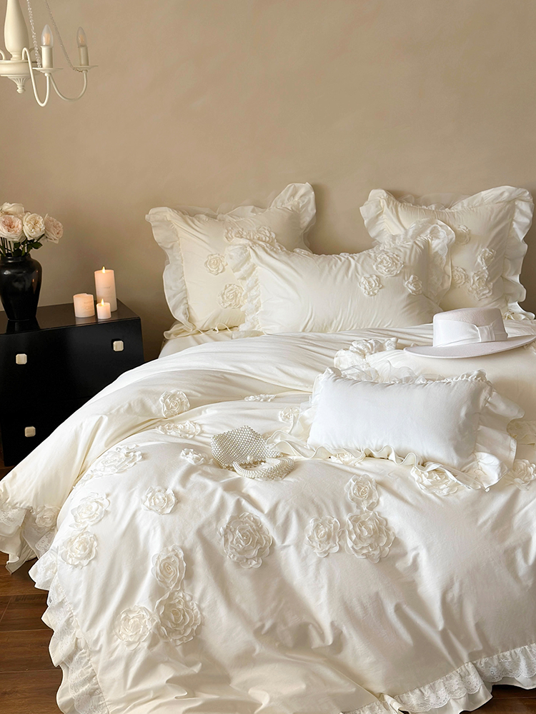 French Romantic Cotton Bedding Set 3D Floral Princess Lace Flat Sheet