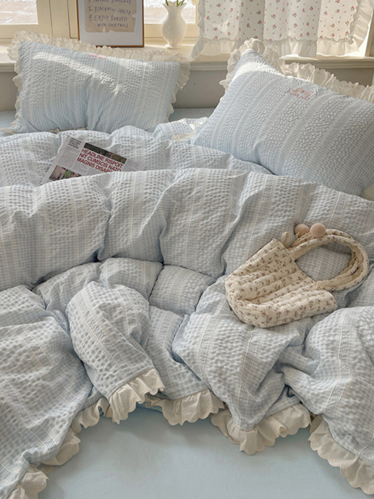 Ultra Soft Washed Cotton-Like Bedding Set Princess Lace Fitted Sheet