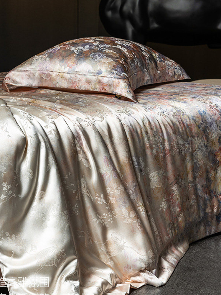 Luxury Jacquard Bedding Set Mulberry Silk Tencel Cotton Blend Flat Sheet